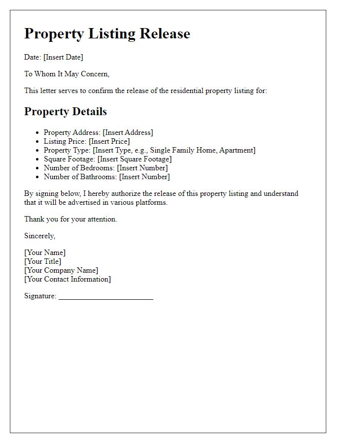 Letter template of residential property listing release