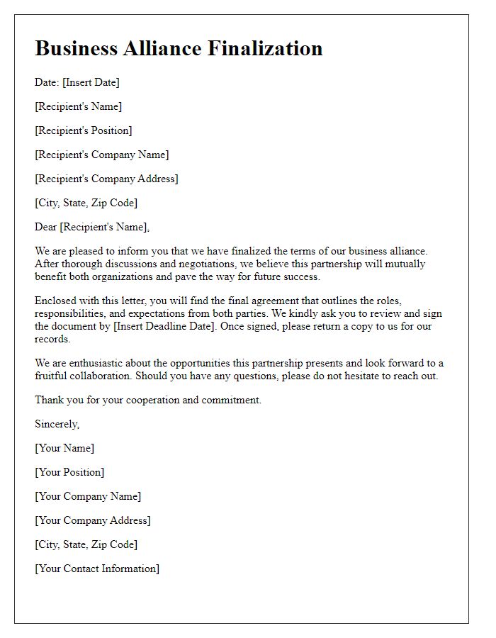 Letter template of business alliance finalization.