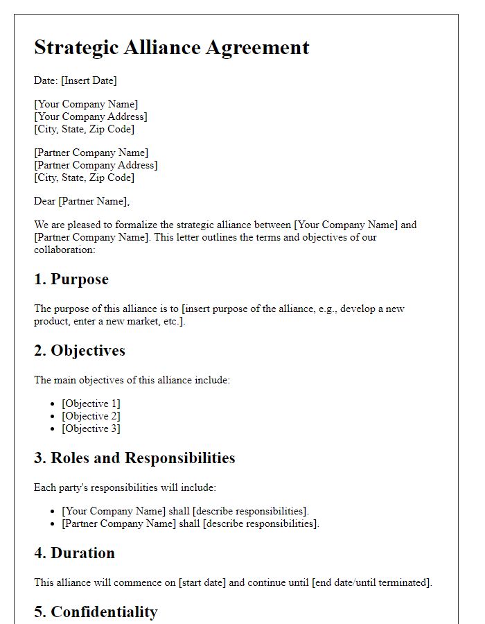 Letter template of formalizing strategic alliance terms.