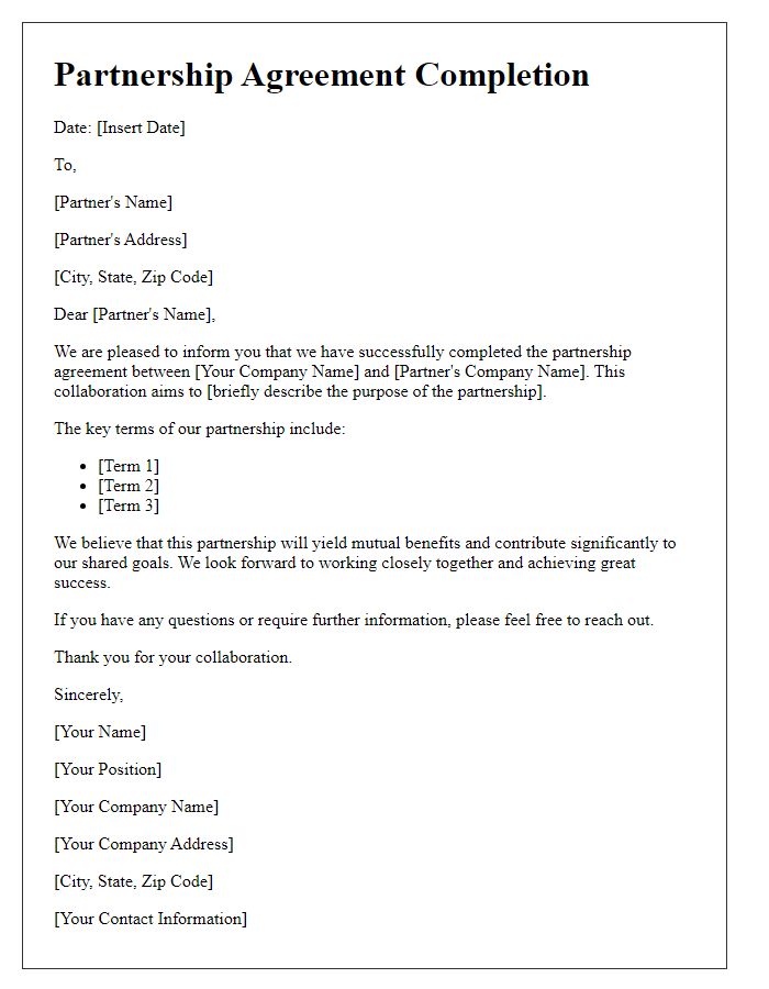 Letter template of partnership agreement completion.