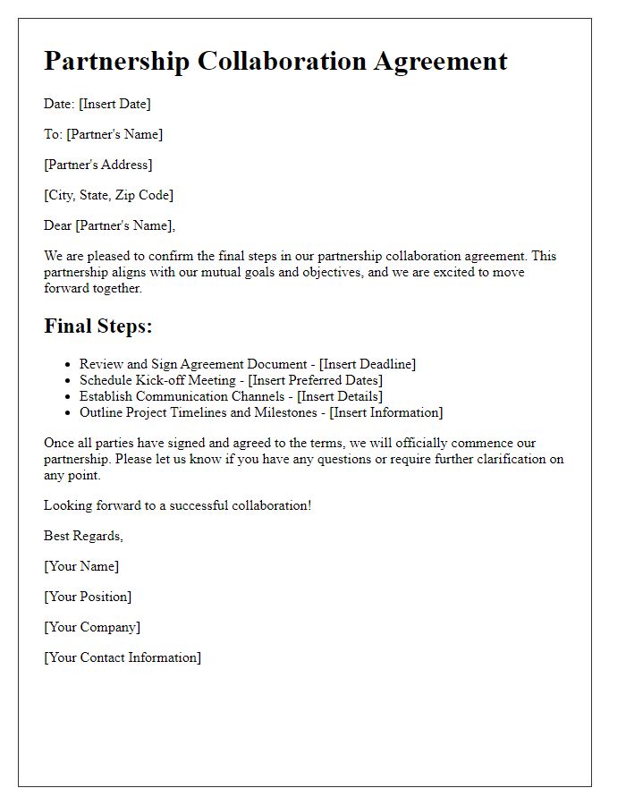 Letter template of partnership collaboration agreement final steps.