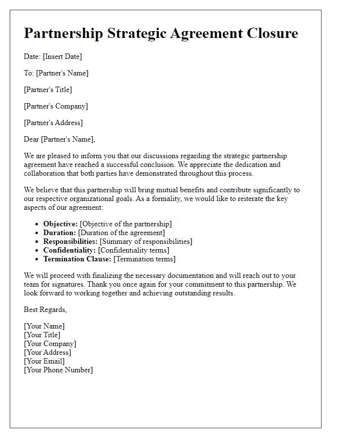 Letter template of partnership strategic agreement closure.