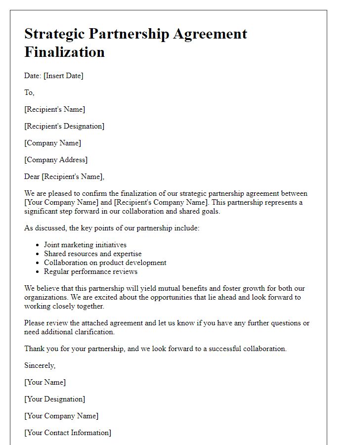 Letter template of strategic partnership agreement finalization.