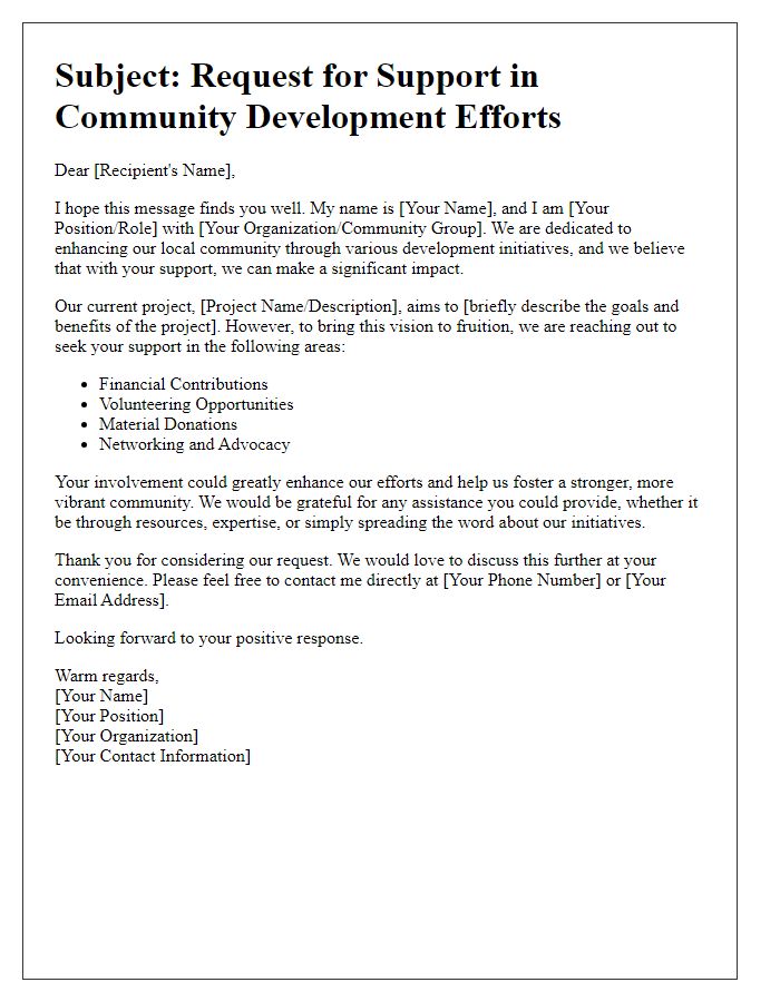 Letter template of Support Request for Community Development Efforts