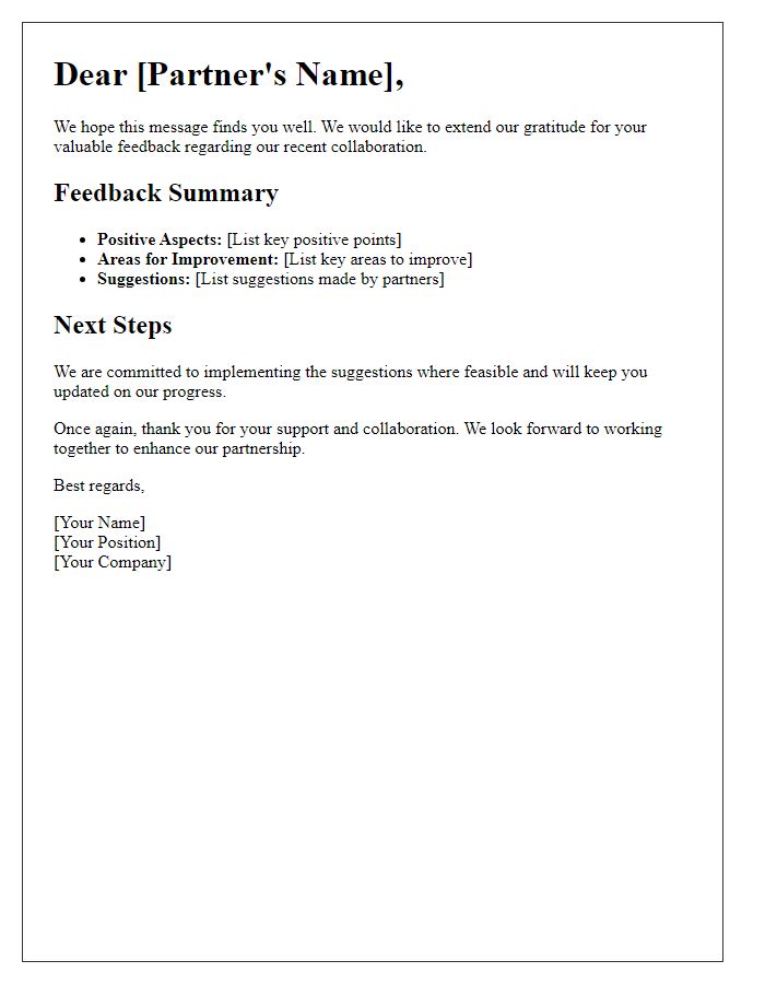 Letter template of recap of feedback collected from partners