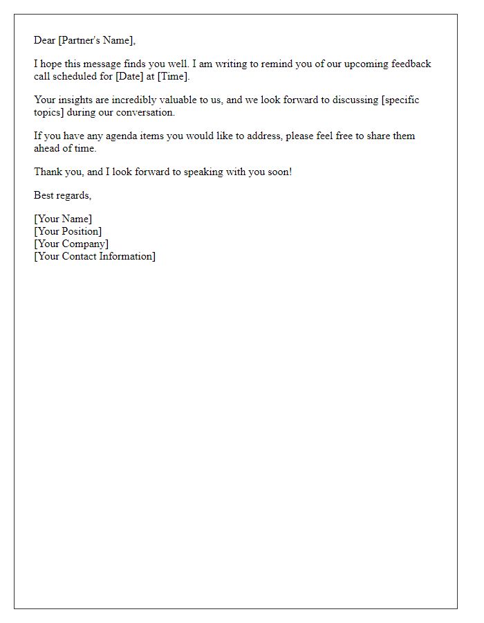 Letter template of reminder for business partner feedback call