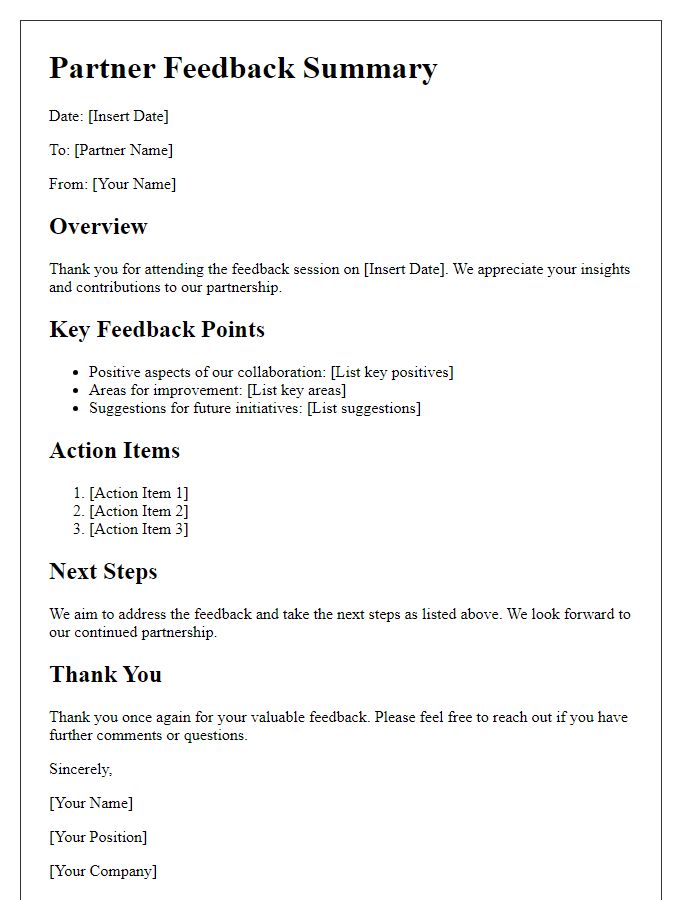 Letter template of summary from the partner feedback session