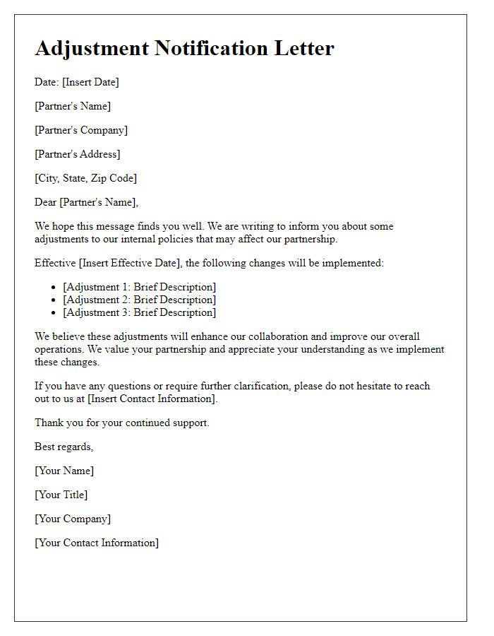 Letter template of adjustment notification for partners regarding internal policies