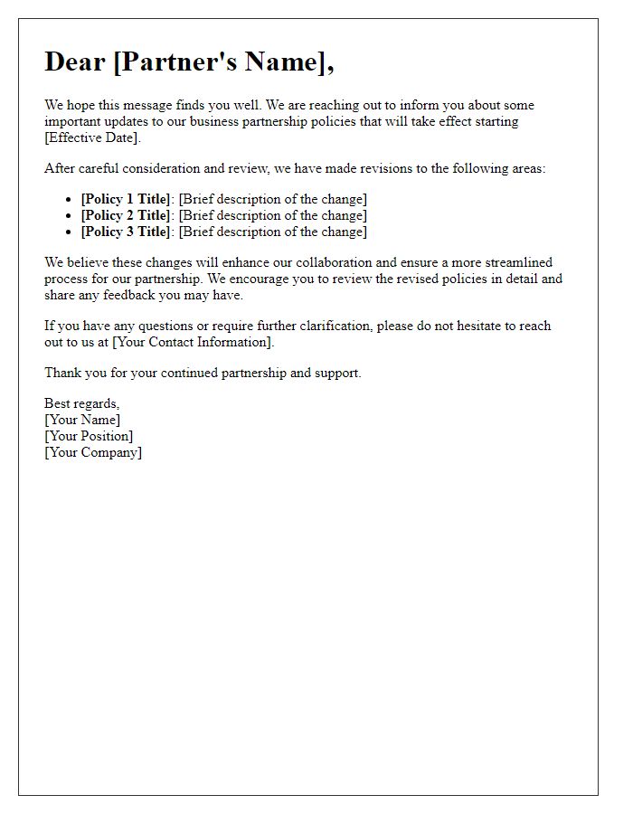 Letter template of communication on revised business partnership policies