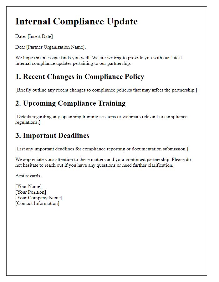 Letter template of internal compliance updates for partner organizations