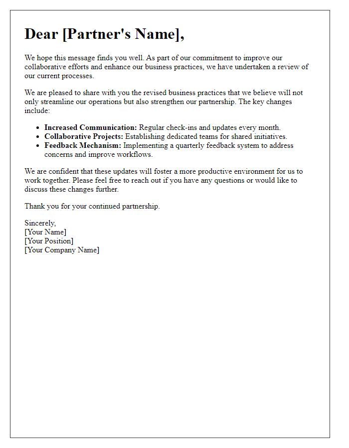 Letter template of revised business practices for collaborative partners