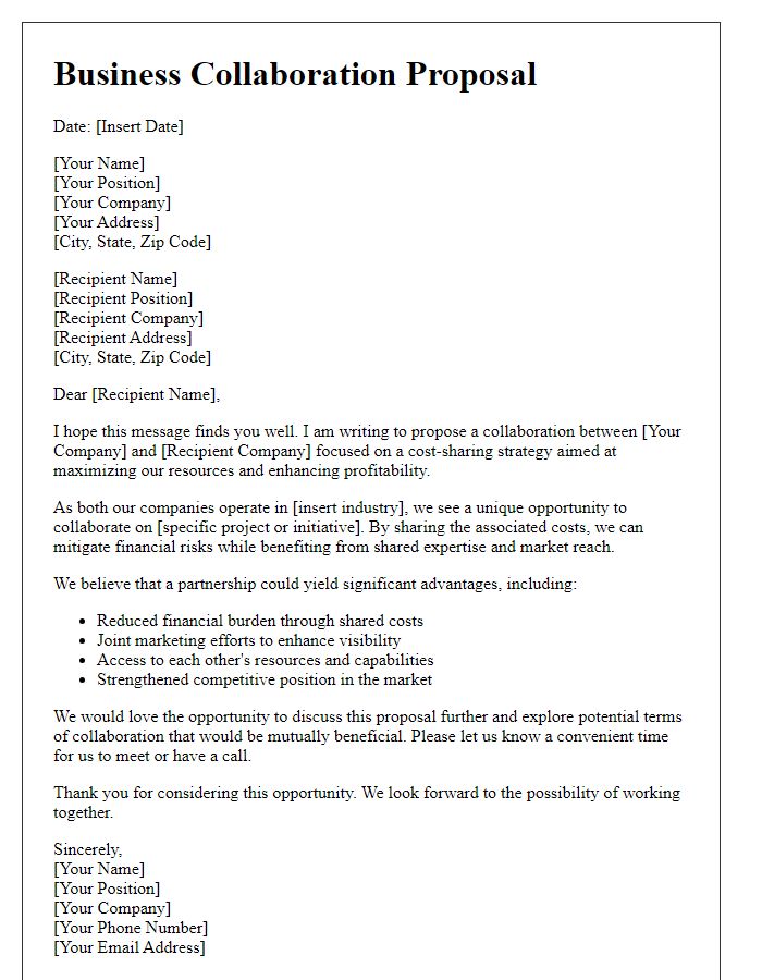 Letter template of business collaboration letter for cost-sharing strategy