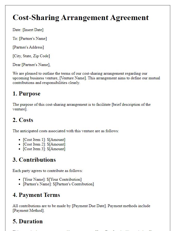 Letter template of cost-sharing arrangement for business venture