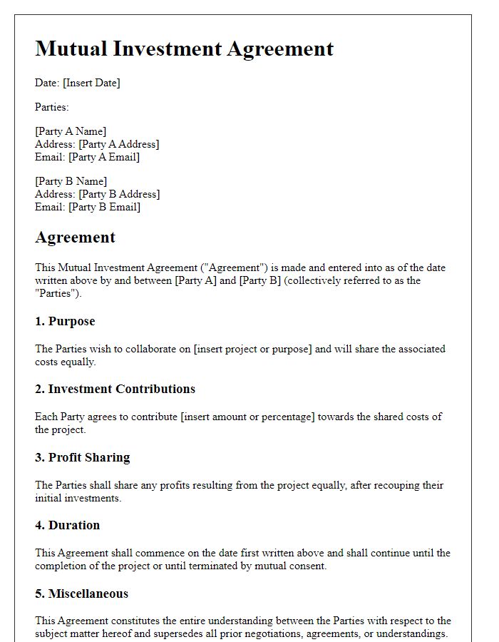 Letter template of mutual investment agreement for shared costs