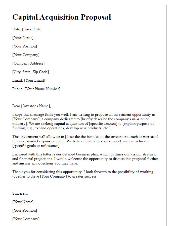 Letter template of capital acquisition proposal for investors