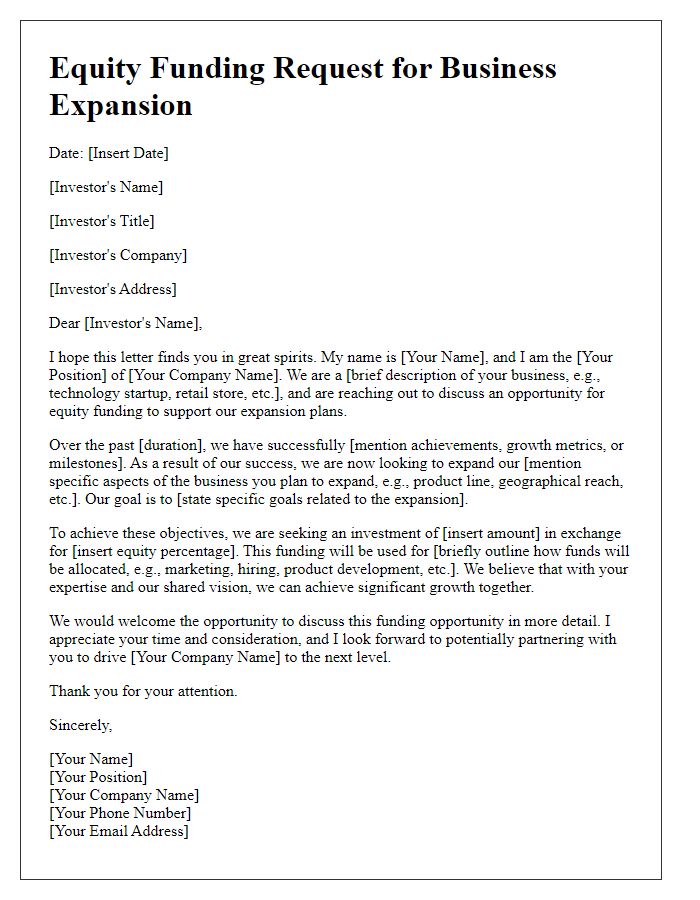 Letter template of equity funding request for business expansion