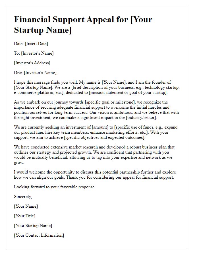 Letter template of financial support appeal for startup investors