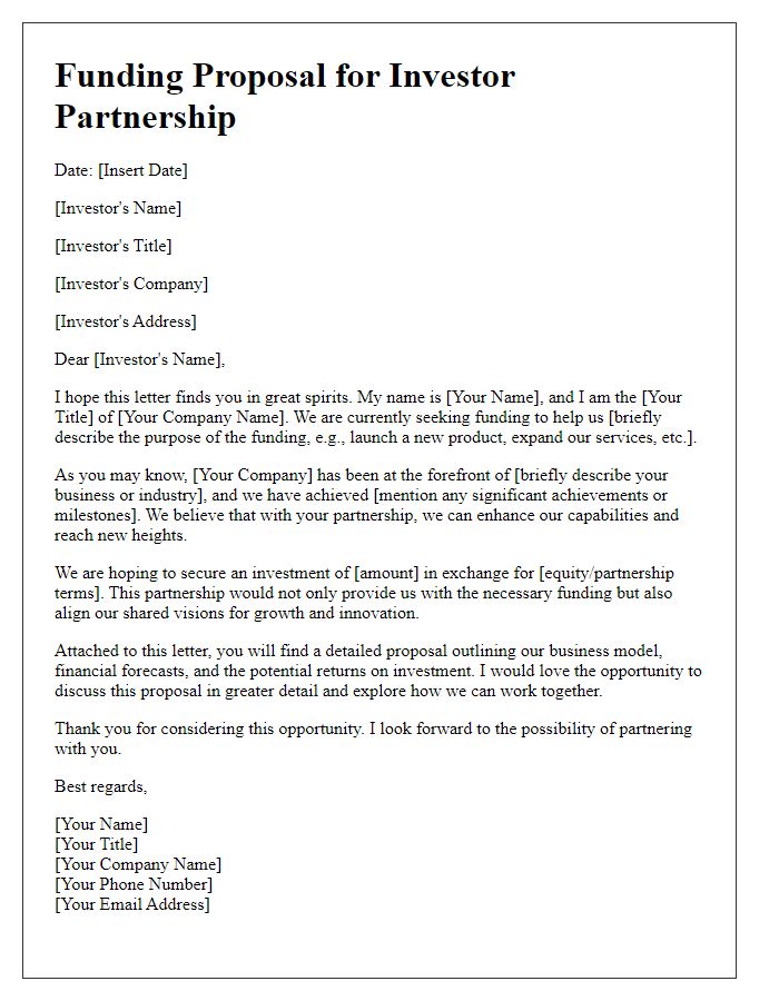 Letter template of funding proposal for investor partnership