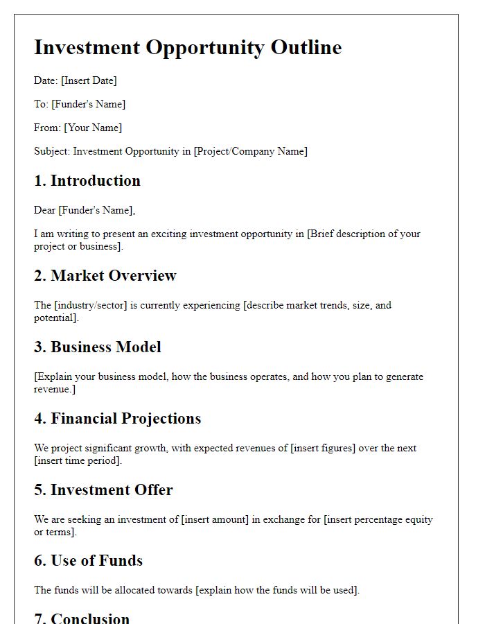 Letter template of investment opportunity outline for potential funders