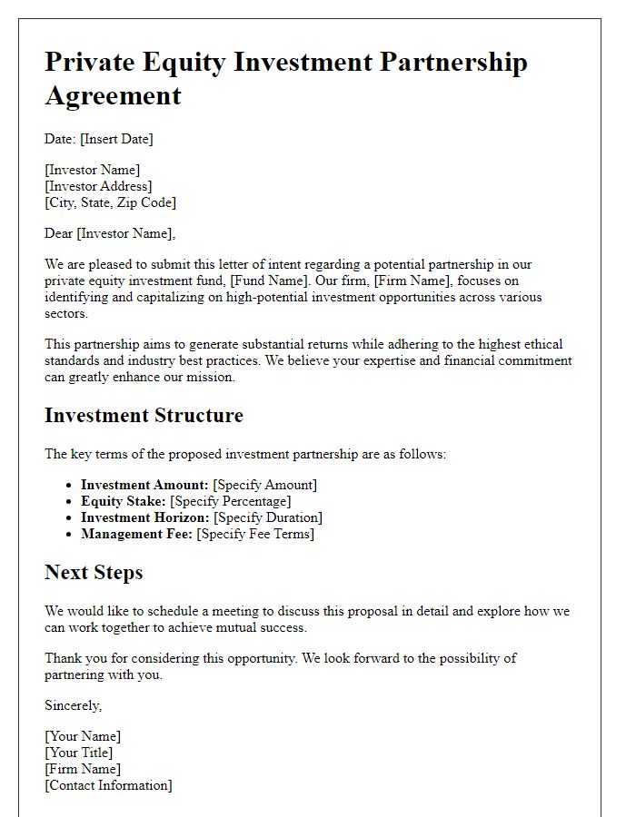 Letter template of private equity investment partnership