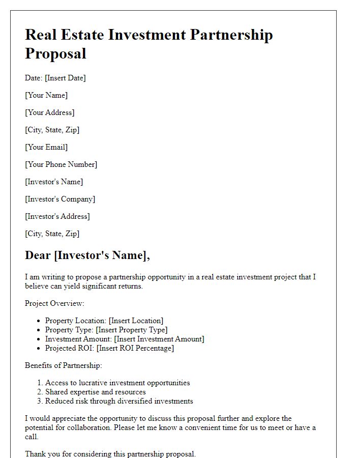 Letter template of real estate investment partnership proposal