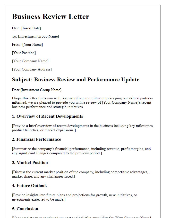 Letter template of business review for investment groups