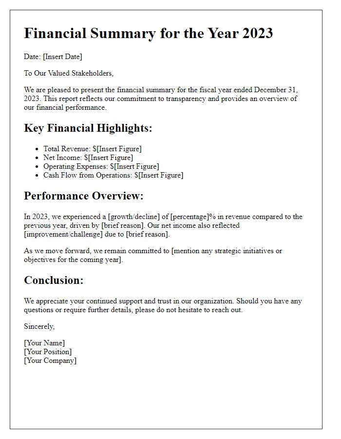 Letter template of financial summary for stakeholders