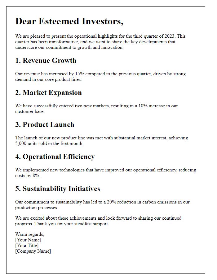 Letter template of operational highlights for investors