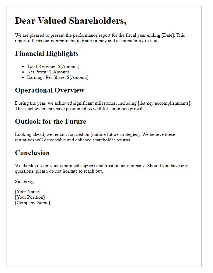 Letter template of performance report for shareholders