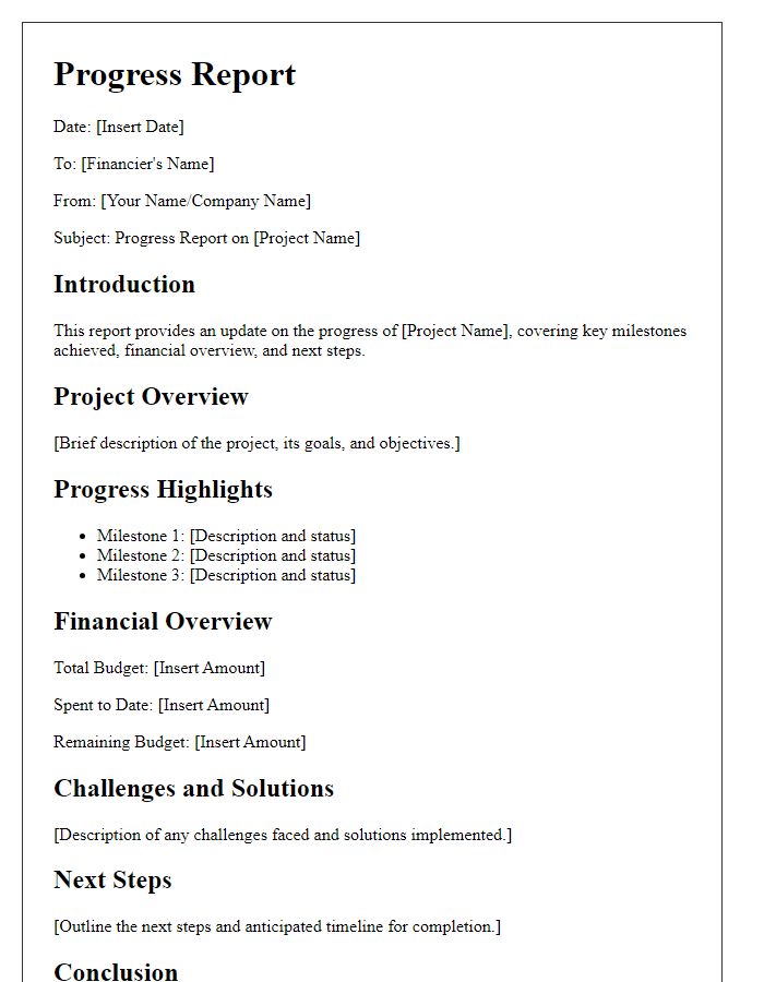 Letter template of progress report for financiers