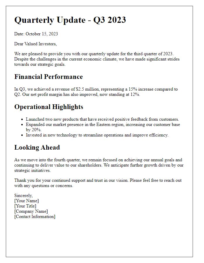 Letter template of quarterly update for investors