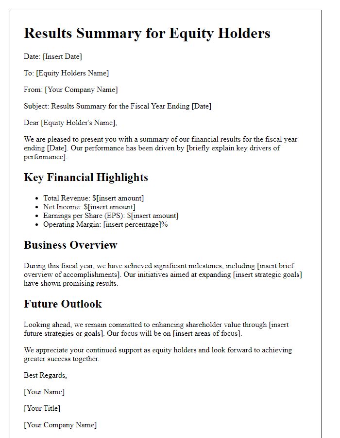 Letter template of results summary for equity holders