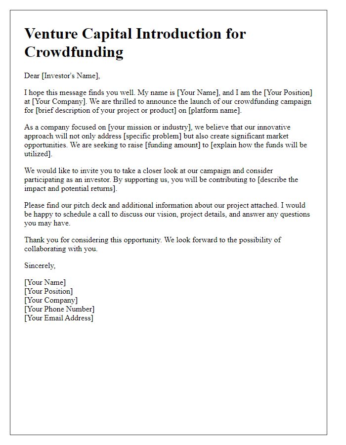 Letter template of venture capital introduction for crowdfunding campaigns.