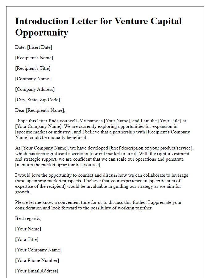 Letter template of venture capital introduction for expanding market opportunities.