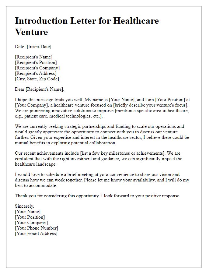 Letter template of venture capital introduction for healthcare ventures.