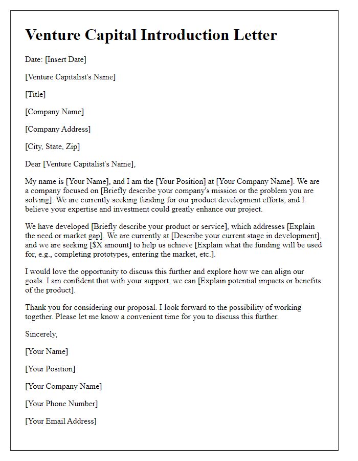 Letter template of venture capital introduction for product development funding.