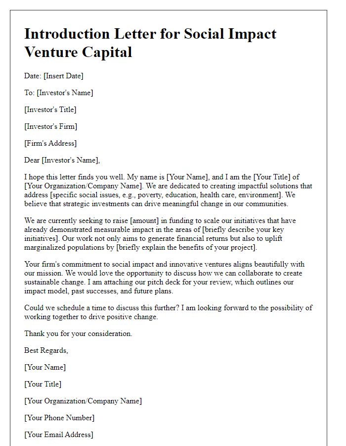 Letter template of venture capital introduction for social impact initiatives.