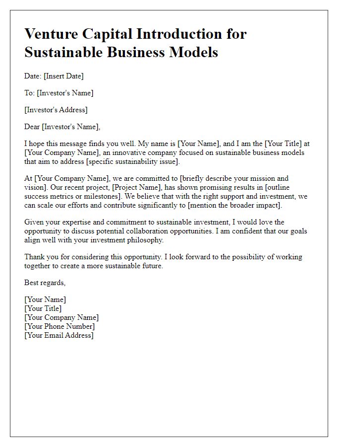 Letter template of venture capital introduction for sustainable business models.