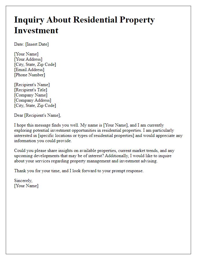 Letter template of inquiry about residential property investment