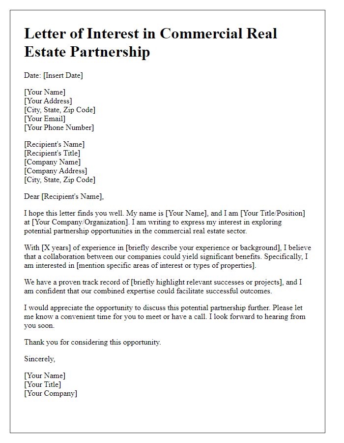 Letter template of interest in commercial real estate partnership