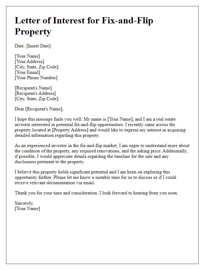 Letter template of interest in fix-and-flip property details