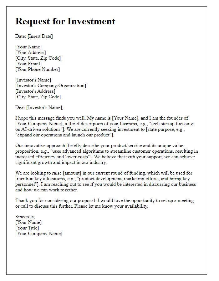 Letter template of angel investor request for new business