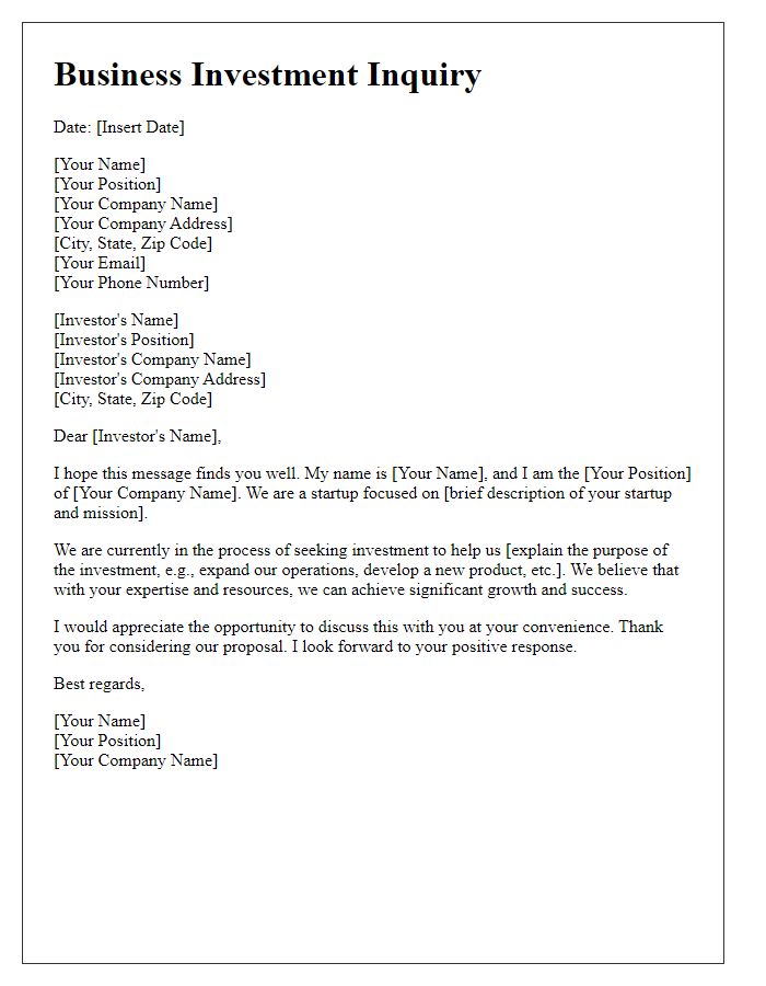 Letter template of business investment inquiry for startup