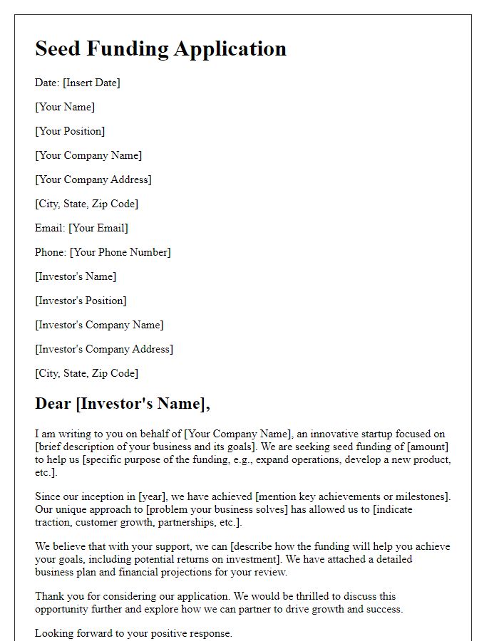 Letter template of seed funding application for growth startup