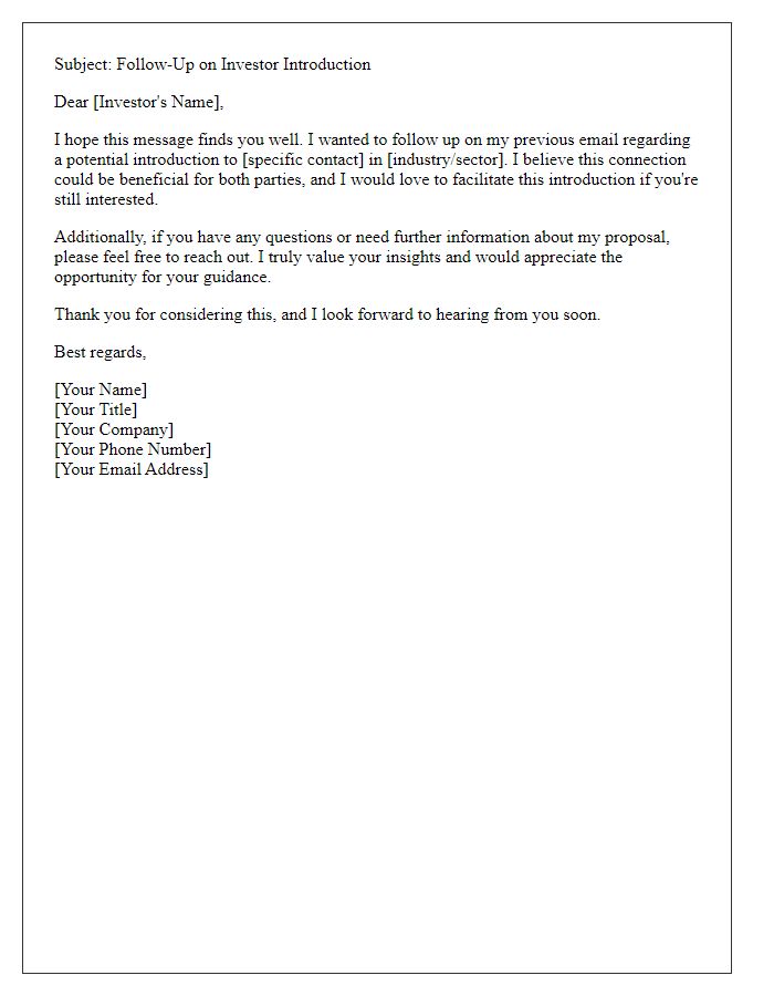 Letter template of follow-up email for potential investor introduction.