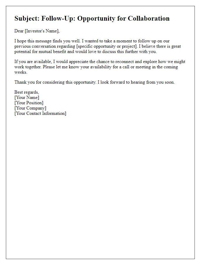 Letter template of follow-up message to reconnect with potential investor.