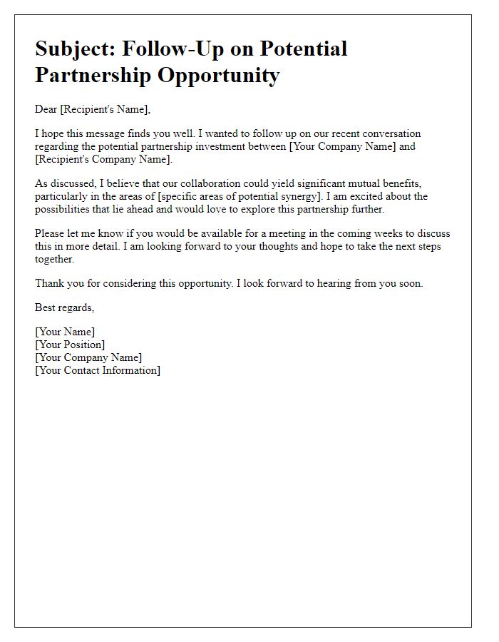 Letter template of follow-up outreach for potential partnership investment.