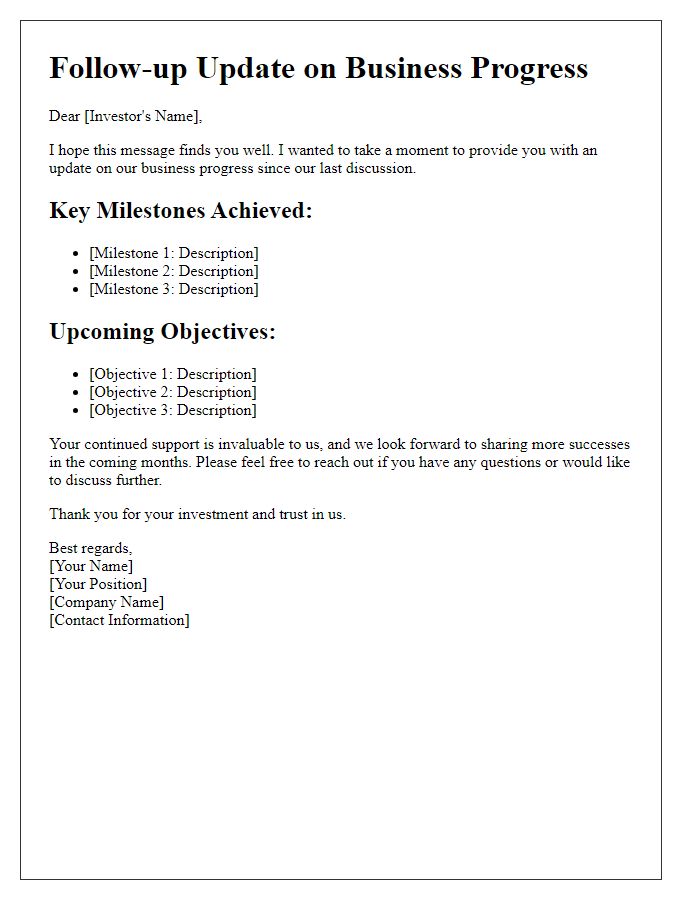 Letter template of follow-up update on business progress for investor engagement.