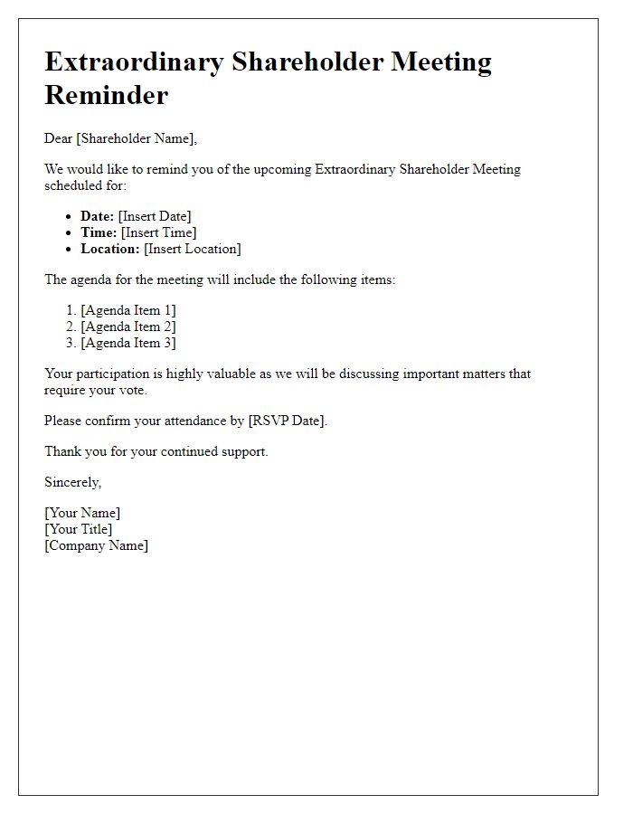 Letter template of extraordinary shareholder meeting reminders