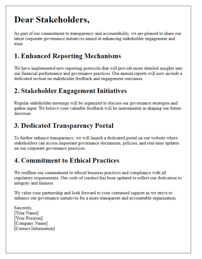 Letter template of corporate governance initiatives for stakeholder transparency.